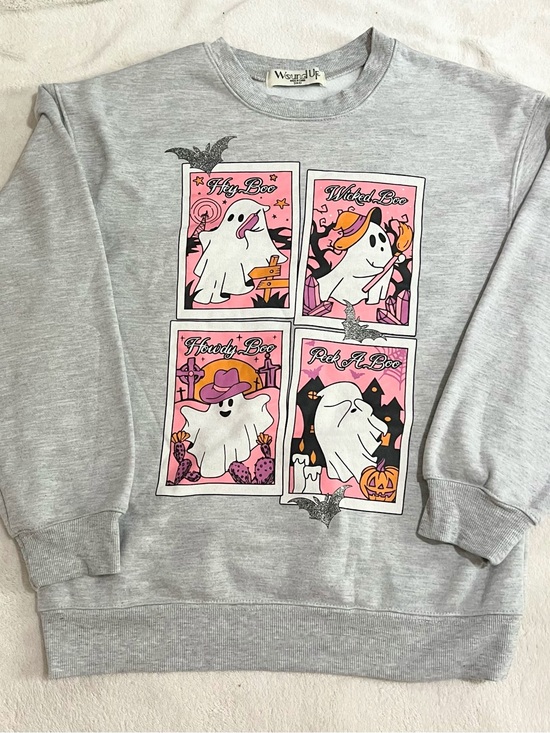 Wound Up Tops - Wound Up Light Heather Gray Sweatshirt with Pink Ghost Comic Panels